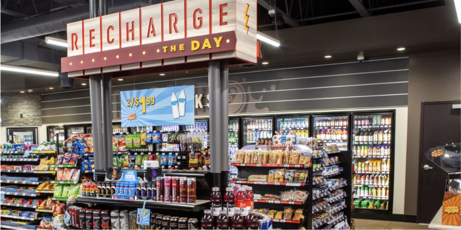 Store interior with walk-in cooler