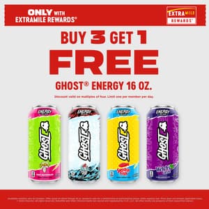 Buy 3, Get 1 FREE Ghost Energy 16 oz. Discount valid on multiples of 4. Limit one per member, per day. Only available through ExtraMile Rewards.